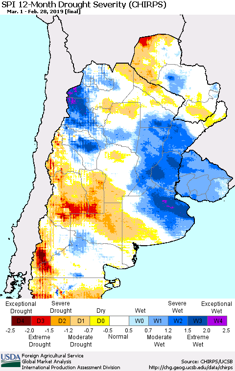 Southern South America SPI 12-Month Drought Severity (CHIRPS) Thematic Map For 3/1/2018 - 2/28/2019