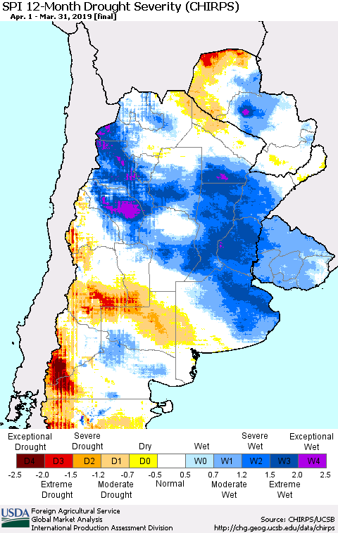 Southern South America SPI 12-Month Drought Severity (CHIRPS) Thematic Map For 4/1/2018 - 3/31/2019