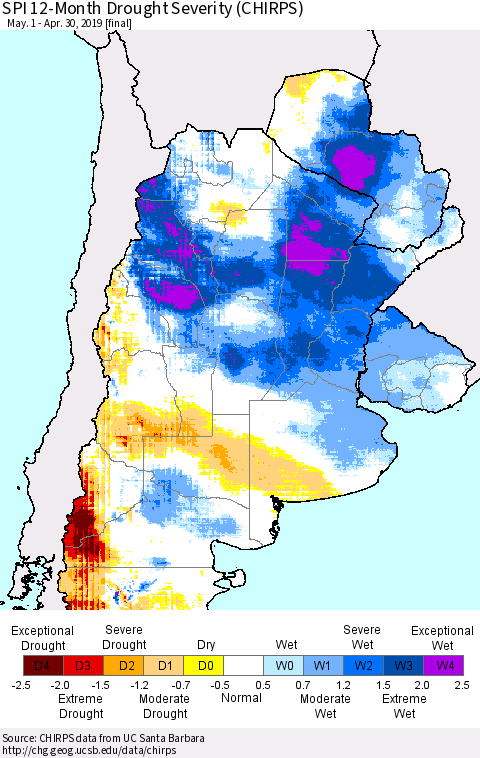 Southern South America SPI 12-Month Drought Severity (CHIRPS) Thematic Map For 5/1/2018 - 4/30/2019