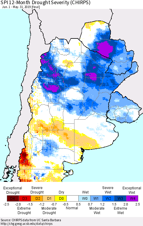 Southern South America SPI 12-Month Drought Severity (CHIRPS) Thematic Map For 6/1/2018 - 5/31/2019