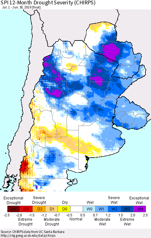 Southern South America SPI 12-Month Drought Severity (CHIRPS) Thematic Map For 7/1/2018 - 6/30/2019