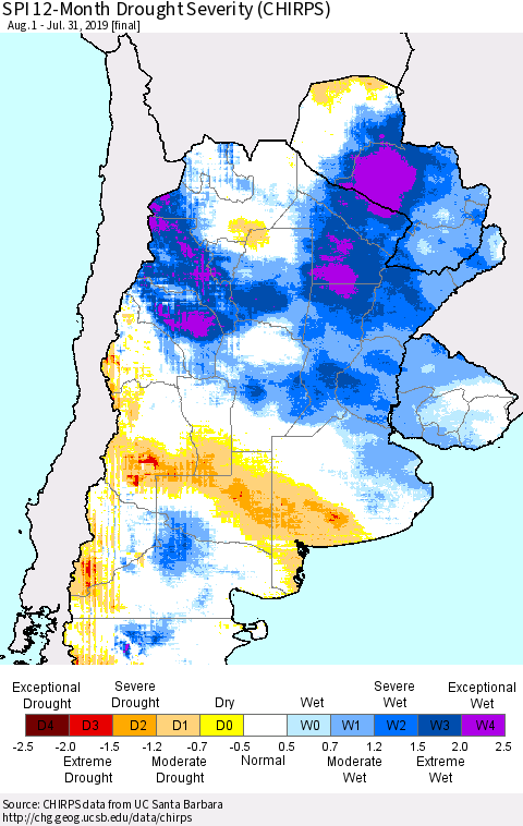 Southern South America SPI 12-Month Drought Severity (CHIRPS) Thematic Map For 8/1/2018 - 7/31/2019
