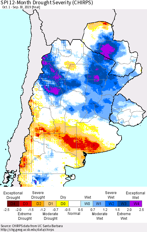 Southern South America SPI 12-Month Drought Severity (CHIRPS) Thematic Map For 10/1/2018 - 9/30/2019