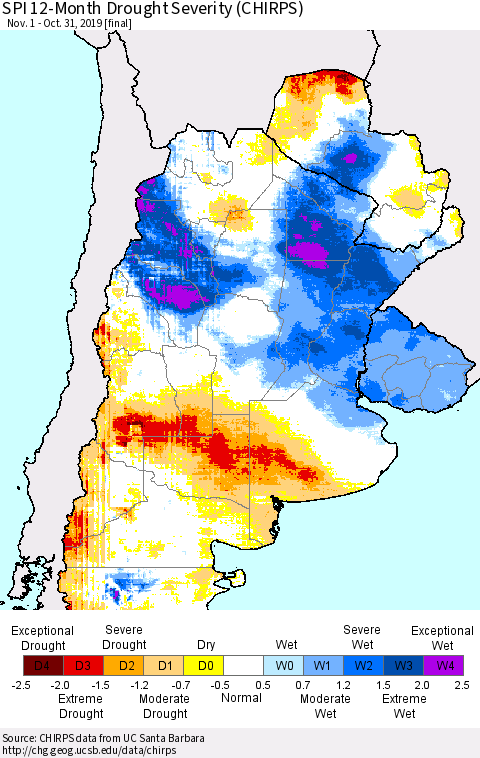 Southern South America SPI 12-Month Drought Severity (CHIRPS) Thematic Map For 11/1/2018 - 10/31/2019