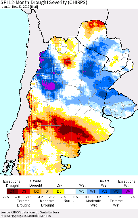 Southern South America SPI 12-Month Drought Severity (CHIRPS) Thematic Map For 1/1/2019 - 12/31/2019