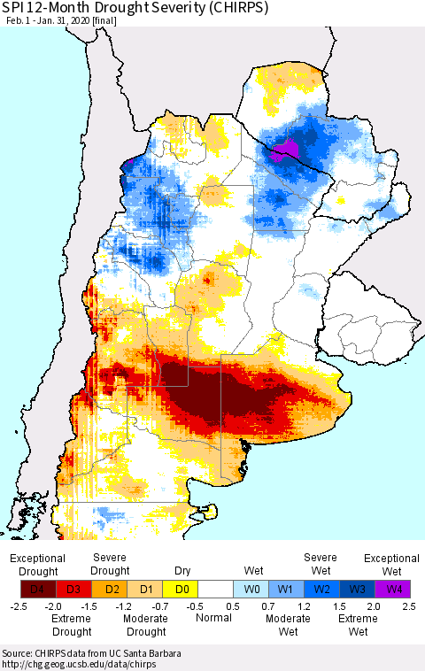 Southern South America SPI 12-Month Drought Severity (CHIRPS) Thematic Map For 2/1/2019 - 1/31/2020