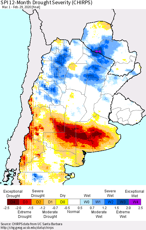 Southern South America SPI 12-Month Drought Severity (CHIRPS) Thematic Map For 3/1/2019 - 2/29/2020