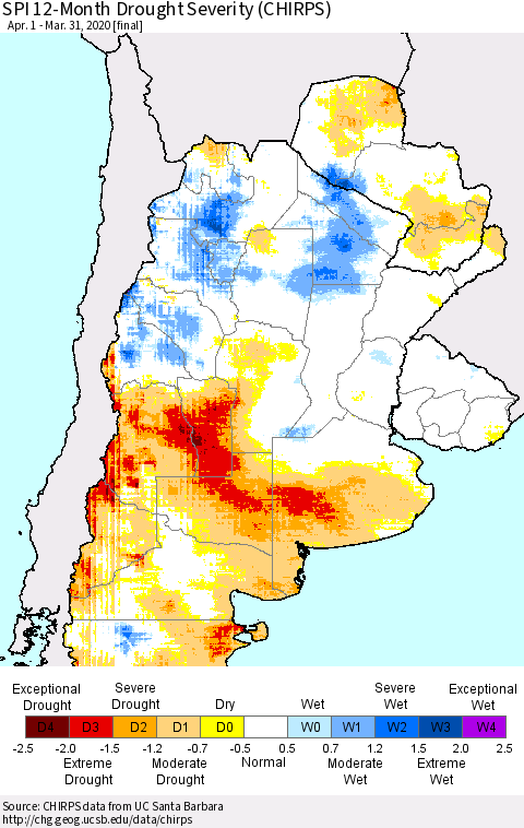 Southern South America SPI 12-Month Drought Severity (CHIRPS) Thematic Map For 4/1/2019 - 3/31/2020