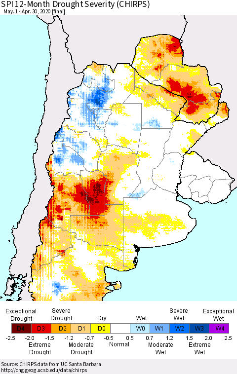Southern South America SPI 12-Month Drought Severity (CHIRPS) Thematic Map For 5/1/2019 - 4/30/2020