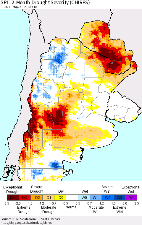 Southern South America SPI 12-Month Drought Severity (CHIRPS) Thematic Map For 6/1/2019 - 5/31/2020