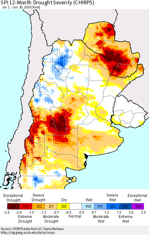 Southern South America SPI 12-Month Drought Severity (CHIRPS) Thematic Map For 7/1/2019 - 6/30/2020