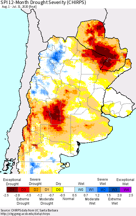 Southern South America SPI 12-Month Drought Severity (CHIRPS) Thematic Map For 8/1/2019 - 7/31/2020