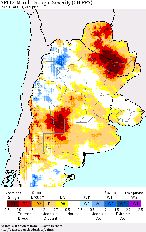 Southern South America SPI 12-Month Drought Severity (CHIRPS) Thematic Map For 9/1/2019 - 8/31/2020