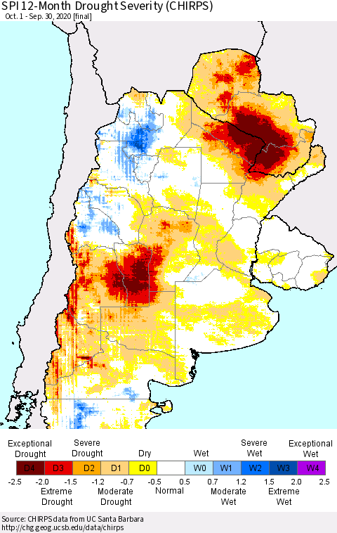 Southern South America SPI 12-Month Drought Severity (CHIRPS) Thematic Map For 10/1/2019 - 9/30/2020