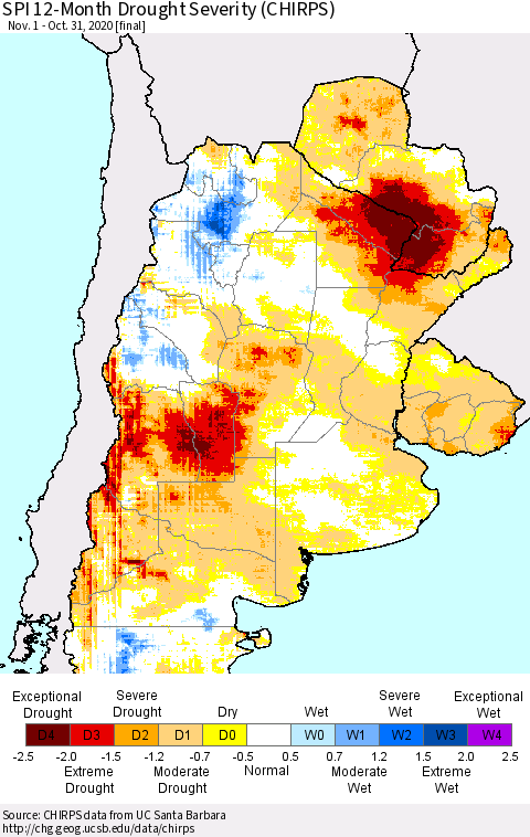Southern South America SPI 12-Month Drought Severity (CHIRPS) Thematic Map For 11/1/2019 - 10/31/2020