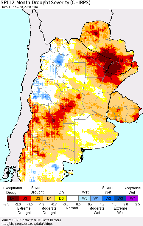 Southern South America SPI 12-Month Drought Severity (CHIRPS) Thematic Map For 12/1/2019 - 11/30/2020