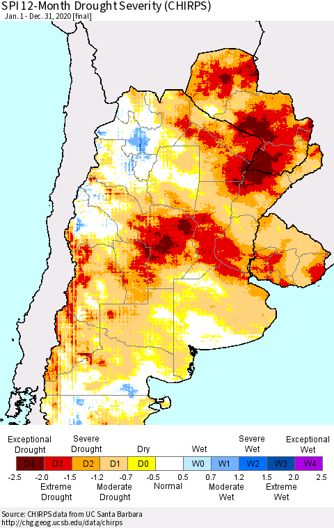 Southern South America SPI 12-Month Drought Severity (CHIRPS) Thematic Map For 1/1/2020 - 12/31/2020