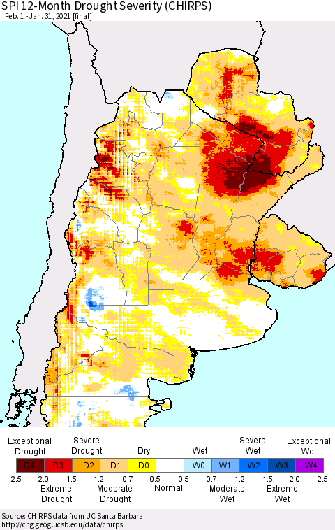 Southern South America SPI 12-Month Drought Severity (CHIRPS) Thematic Map For 2/1/2020 - 1/31/2021