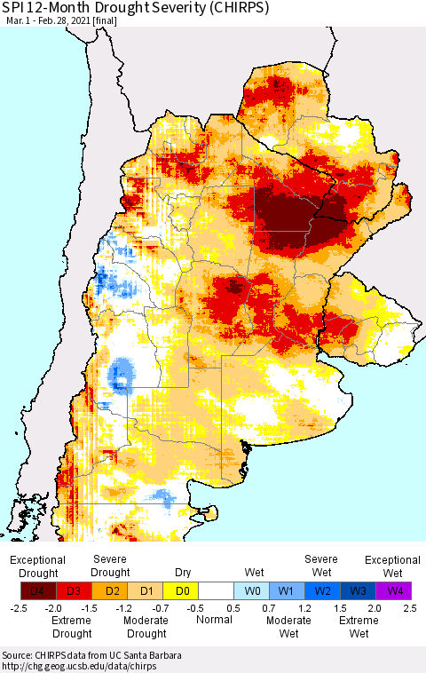 Southern South America SPI 12-Month Drought Severity (CHIRPS) Thematic Map For 3/1/2020 - 2/28/2021