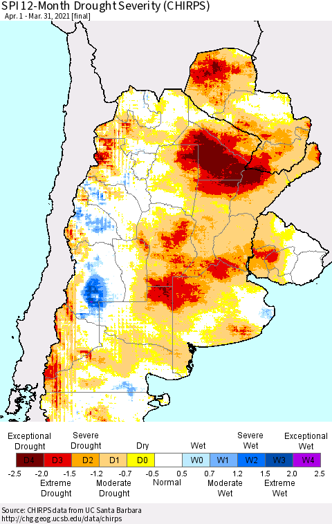 Southern South America SPI 12-Month Drought Severity (CHIRPS) Thematic Map For 4/1/2020 - 3/31/2021