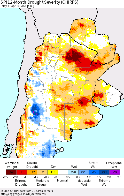 Southern South America SPI 12-Month Drought Severity (CHIRPS) Thematic Map For 5/1/2020 - 4/30/2021