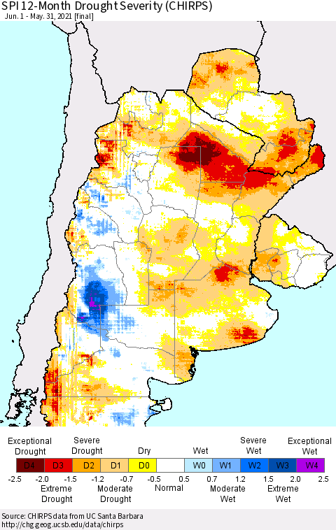 Southern South America SPI 12-Month Drought Severity (CHIRPS) Thematic Map For 6/1/2020 - 5/31/2021