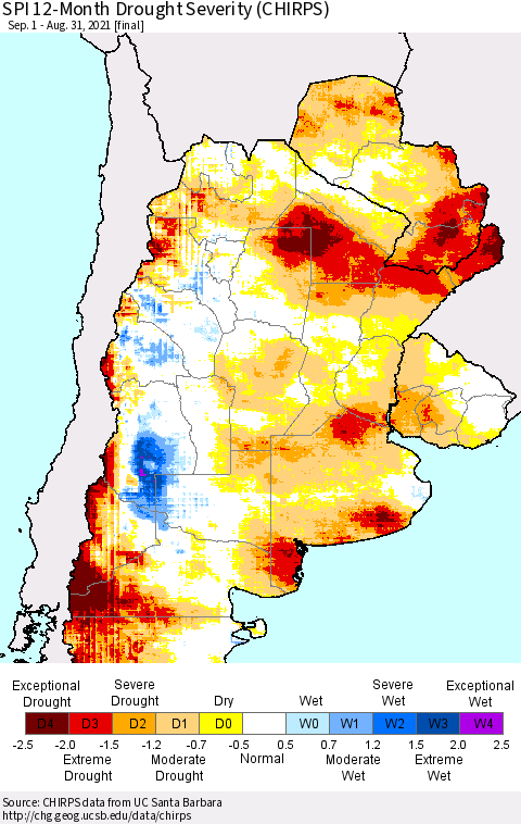 Southern South America SPI 12-Month Drought Severity (CHIRPS) Thematic Map For 9/1/2020 - 8/31/2021