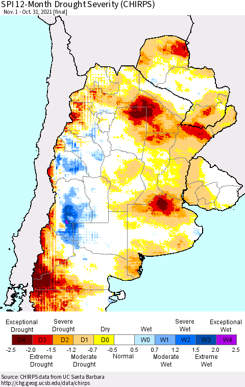 Southern South America SPI 12-Month Drought Severity (CHIRPS) Thematic Map For 11/1/2020 - 10/31/2021
