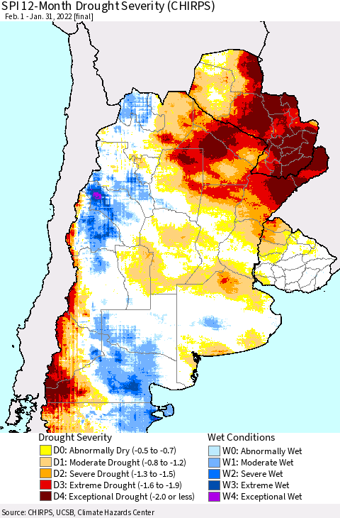 Southern South America SPI 12-Month Drought Severity (CHIRPS) Thematic Map For 2/1/2021 - 1/31/2022