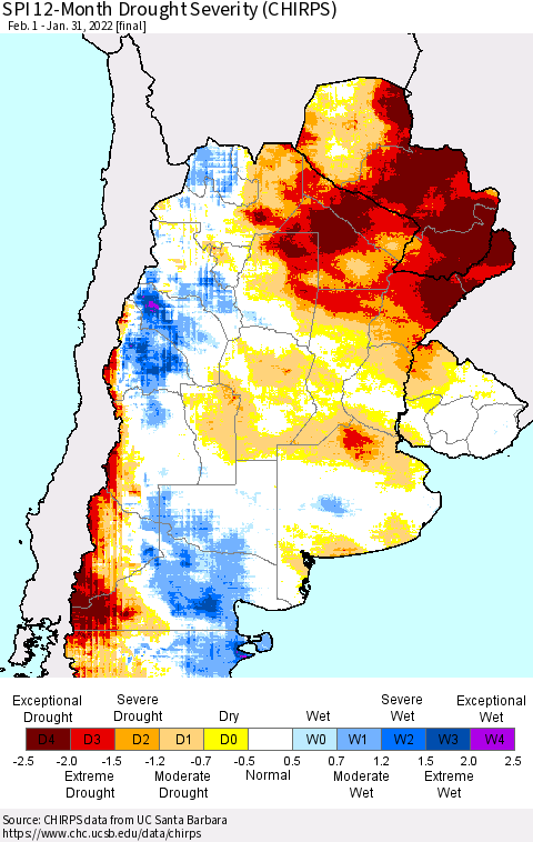 Southern South America SPI 12-Month Drought Severity (CHIRPS) Thematic Map For 2/1/2021 - 1/31/2022