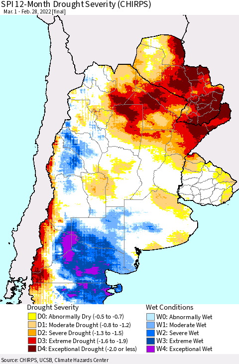 Southern South America SPI 12-Month Drought Severity (CHIRPS) Thematic Map For 3/1/2021 - 2/28/2022