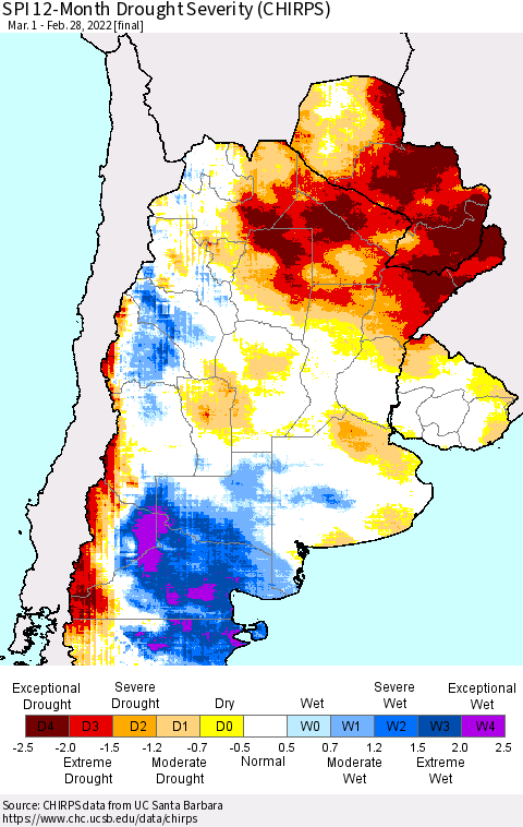 Southern South America SPI 12-Month Drought Severity (CHIRPS) Thematic Map For 3/1/2021 - 2/28/2022
