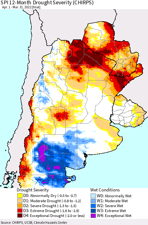 Southern South America SPI 12-Month Drought Severity (CHIRPS) Thematic Map For 4/1/2021 - 3/31/2022