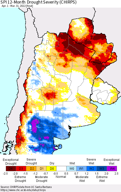 Southern South America SPI 12-Month Drought Severity (CHIRPS) Thematic Map For 4/1/2021 - 3/31/2022