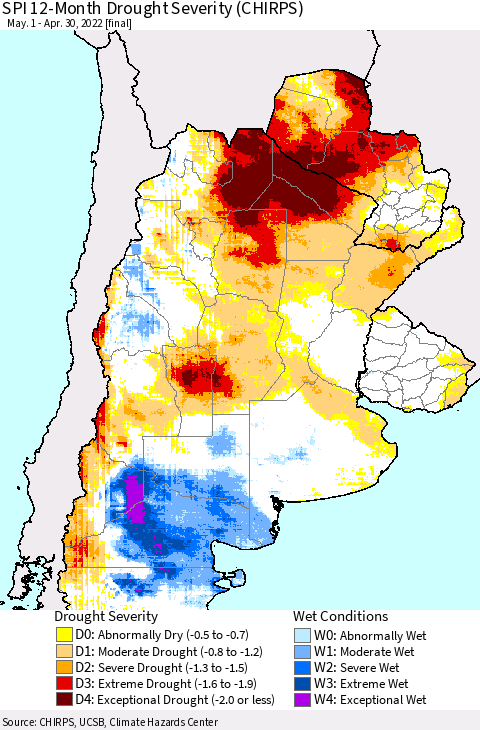 Southern South America SPI 12-Month Drought Severity (CHIRPS) Thematic Map For 5/1/2021 - 4/30/2022