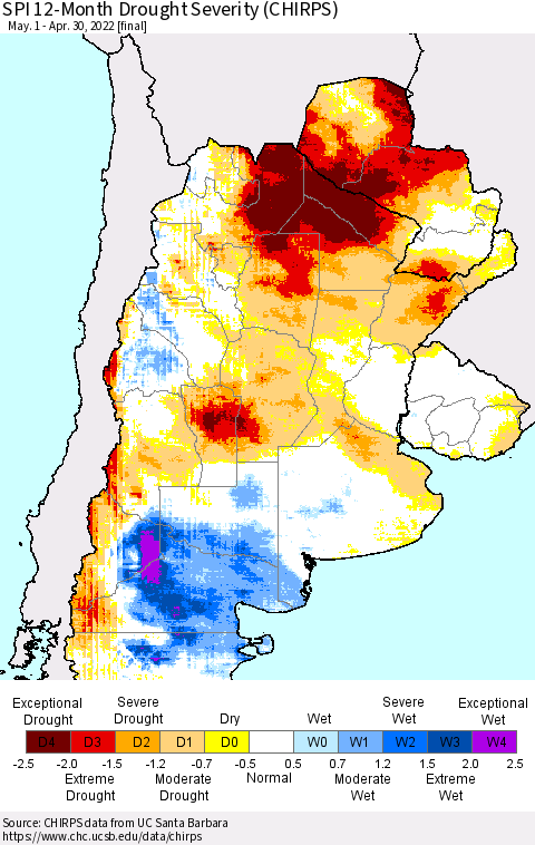 Southern South America SPI 12-Month Drought Severity (CHIRPS) Thematic Map For 5/1/2021 - 4/30/2022
