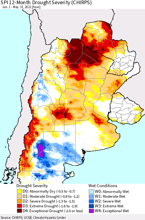 Southern South America SPI 12-Month Drought Severity (CHIRPS) Thematic Map For 6/1/2021 - 5/31/2022