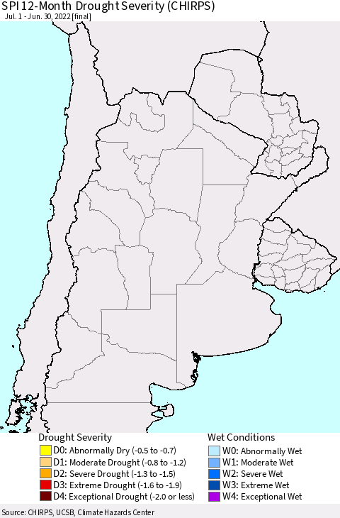 Southern South America SPI 12-Month Drought Severity (CHIRPS) Thematic Map For 7/1/2021 - 6/30/2022