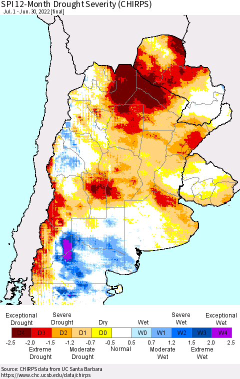 Southern South America SPI 12-Month Drought Severity (CHIRPS) Thematic Map For 7/1/2021 - 6/30/2022