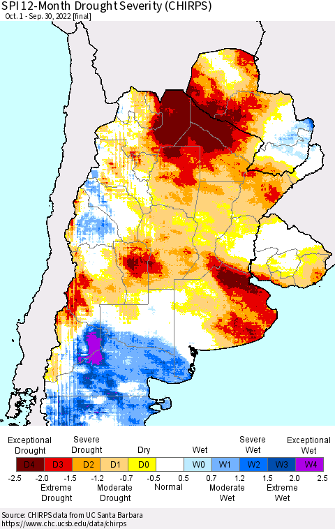 Southern South America SPI 12-Month Drought Severity (CHIRPS) Thematic Map For 10/1/2021 - 9/30/2022