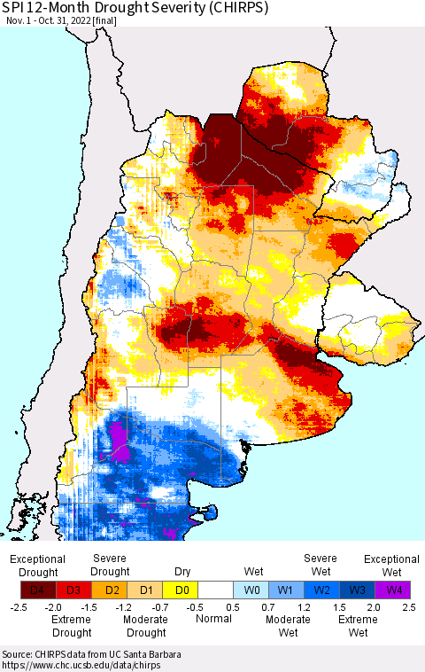 Southern South America SPI 12-Month Drought Severity (CHIRPS) Thematic Map For 11/1/2021 - 10/31/2022
