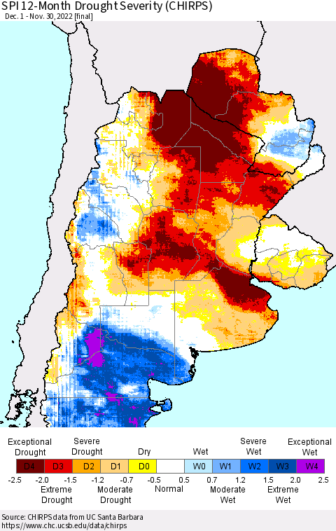 Southern South America SPI 12-Month Drought Severity (CHIRPS) Thematic Map For 12/1/2021 - 11/30/2022