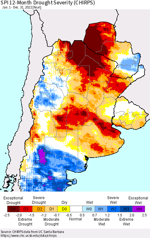Southern South America SPI 12-Month Drought Severity (CHIRPS) Thematic Map For 1/1/2022 - 12/31/2022