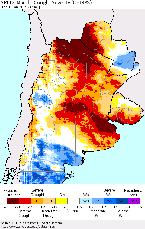 Southern South America SPI 12-Month Drought Severity (CHIRPS) Thematic Map For 2/1/2022 - 1/31/2023