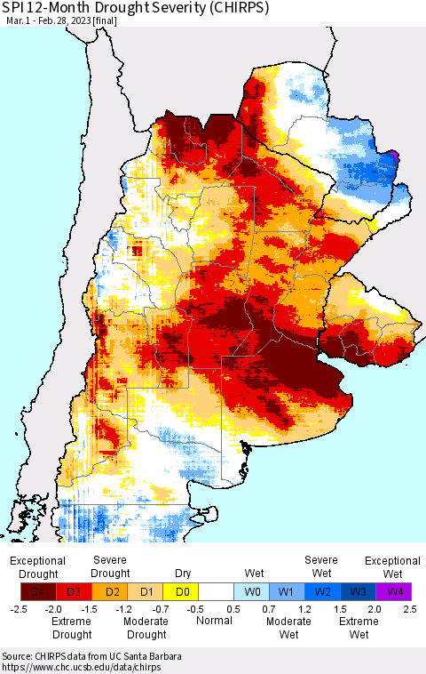 Southern South America SPI 12-Month Drought Severity (CHIRPS) Thematic Map For 3/1/2022 - 2/28/2023