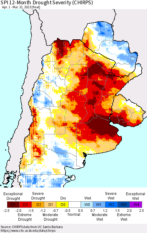 Southern South America SPI 12-Month Drought Severity (CHIRPS) Thematic Map For 4/1/2022 - 3/31/2023
