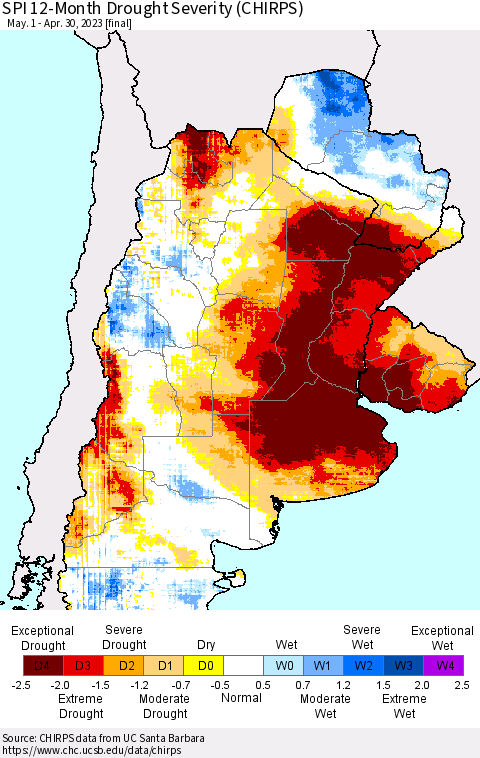 Southern South America SPI 12-Month Drought Severity (CHIRPS) Thematic Map For 5/1/2022 - 4/30/2023