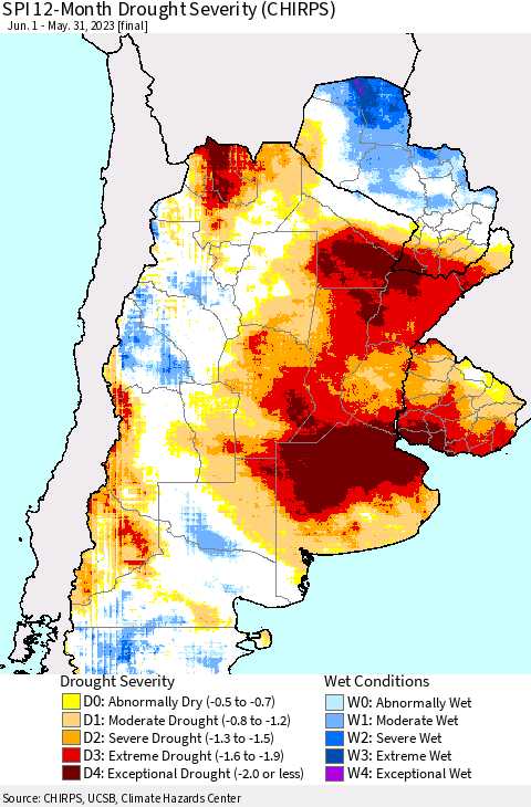 Southern South America SPI 12-Month Drought Severity (CHIRPS) Thematic Map For 6/1/2022 - 5/31/2023