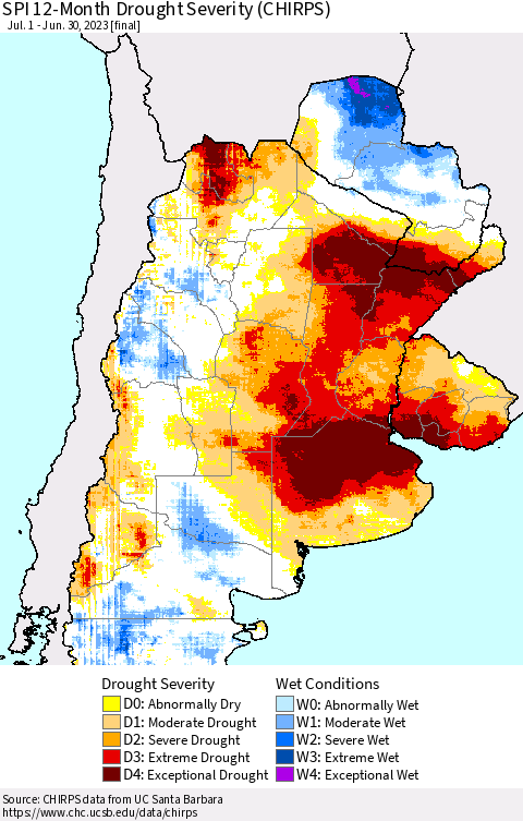 Southern South America SPI 12-Month Drought Severity (CHIRPS) Thematic Map For 7/1/2022 - 6/30/2023