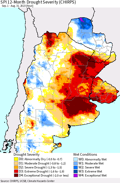 Southern South America SPI 12-Month Drought Severity (CHIRPS) Thematic Map For 9/1/2022 - 8/31/2023